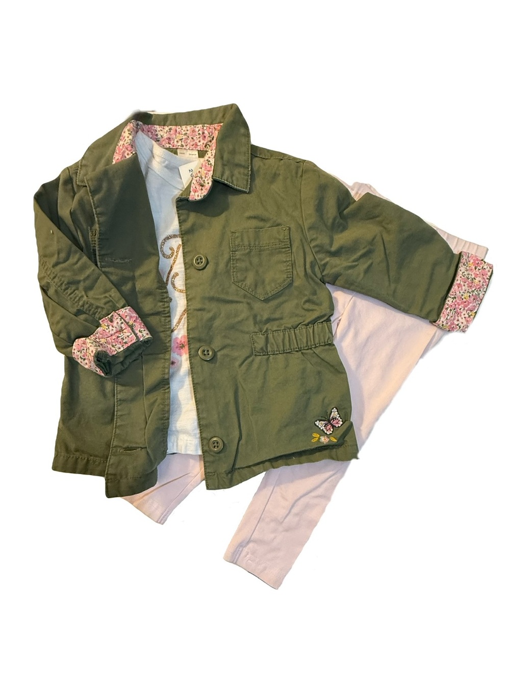 Girls' Olive Green Utility Jacket, pink pants and white floral tee